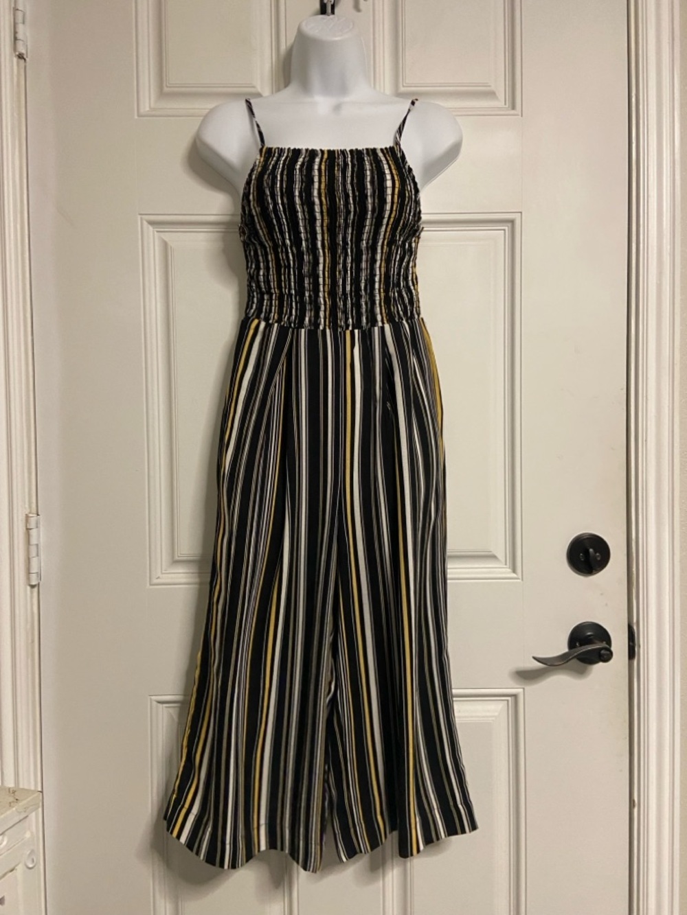 T38a- CHOCOLATE Striped Smocked Spaghetti Jumpsuit